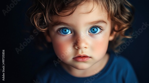 Portrait of a child with striking blue eyes.