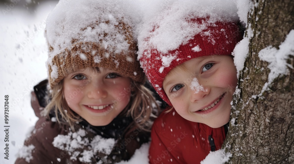 Two Young Girls Smiling and Covered in Snow Two Young Girls Smiling and Covered in Snow