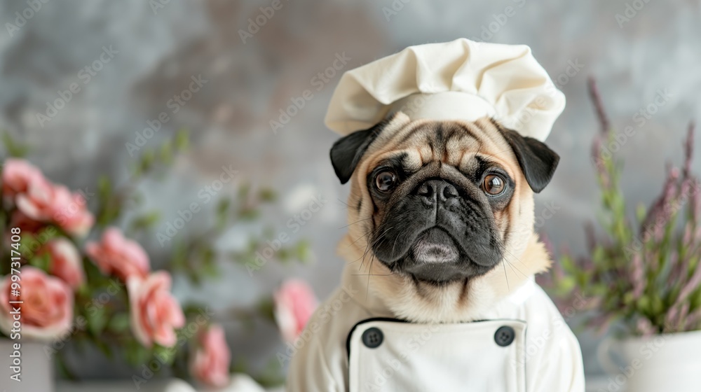 Minimalist portrait of a pug chef in a floral setting for creative design projects Minimalist portrait of a pug chef in a floral setting for creative design projects