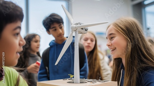 Students Exploring Renewable Energy with Wind Turbine Model photo