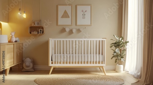 This serene nursery showcases a wooden baby crib with white slats, harmonizing with soft beige tones and minimal furnishings, creating a cozy space for infants