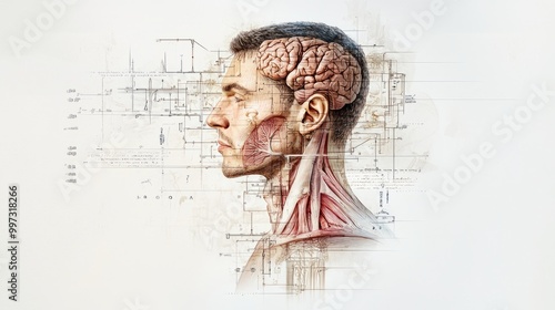 Side view of a human head with visible brain and muscles, with a science background.