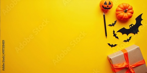 Orange pumpkins, festive Halloween decorations, bat silhouettes, autumn leaves, rustic wooden table, vibrant orange, full frame decoration, festive scene, dark background, with copy space.