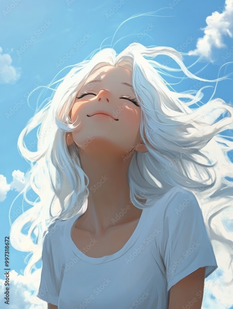 White-Haired Anime Girl with Long Silver Hair, Eyes Closed, Floating in a Sky of Clouds White-Haired Anime Girl with Long Silver Hair, Eyes Closed, Floating in a Sky of Clouds