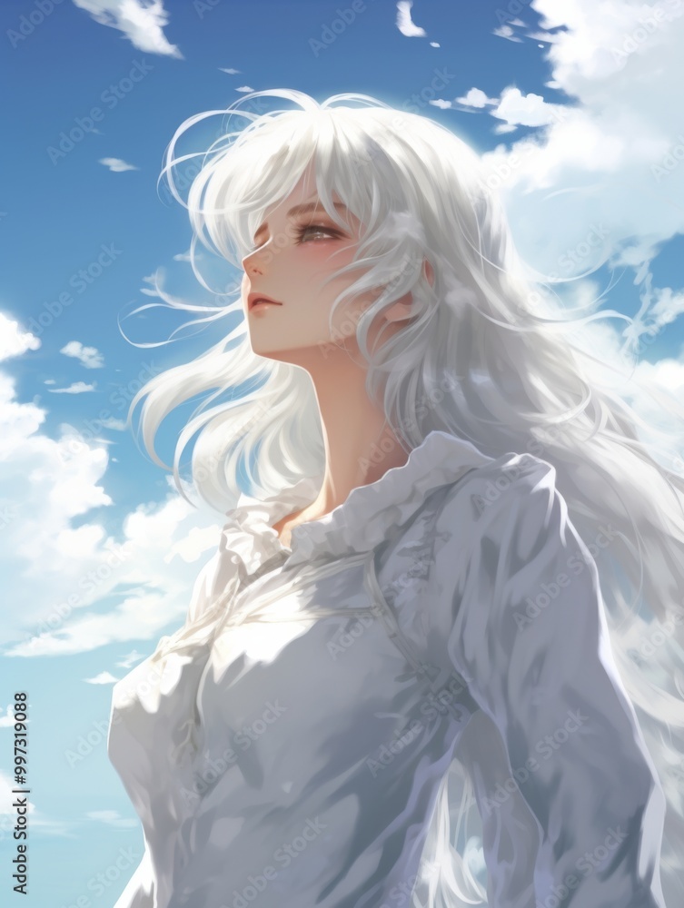 White-Haired Anime Girl with Long Silver Hair, Eyes Closed, Floating in a Sky of Clouds White-Haired Anime Girl with Long Silver Hair, Eyes Closed, Floating in a Sky of Clouds