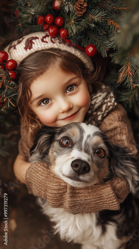a little girl smiling enjoy playing with her pet dog next to a christmas tree, filled with decorations and ornaments
