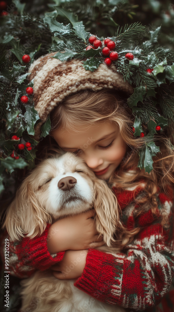 a girl playing with her pet dog next to a christmas tree, filled with decorations and ornaments