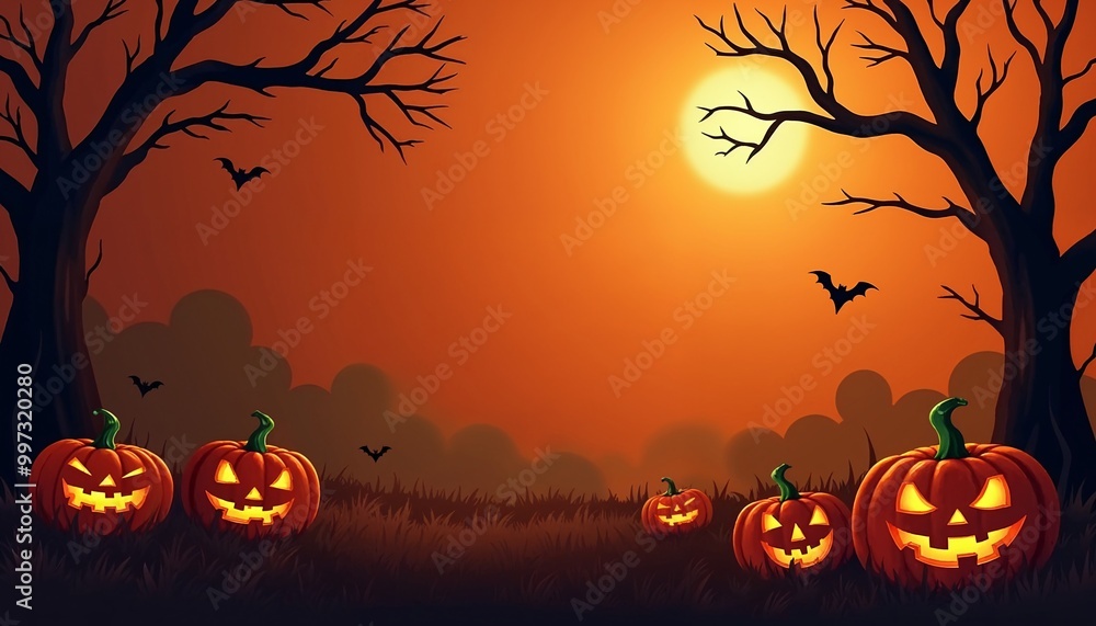 Halloween banner background, glowing pumpkins, spooky bats flying, eerie dark forest setup, full moon shining, glowing jack-o'-lanterns, creepy night scene, festive Halloween decorations, vibrant Halloween banner background, glowing pumpkins, spooky bats flying, eerie dark forest setup, full moon shining, glowing jack-o'-lanterns, creepy night scene, festive Halloween decorations, vibrant