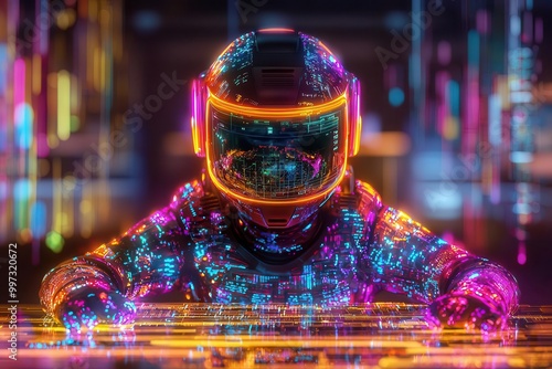 A vibrant, digital representation of an astronaut with a glowing helmet, surrounded by colorful, abstract patterns in an immersive sci-fi environment. photo