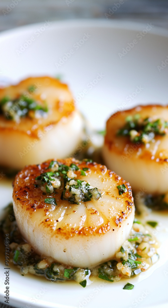 Seared scallops in a white sauce with greens herbs and lemon. A delicious meal served at a gourmet luxury seafood restaurant. Scallops piccata, close up food photography. Seared scallops in a white sauce with greens herbs and lemon. A delicious meal served at a gourmet luxury seafood restaurant. Scallops piccata, close up food photography.