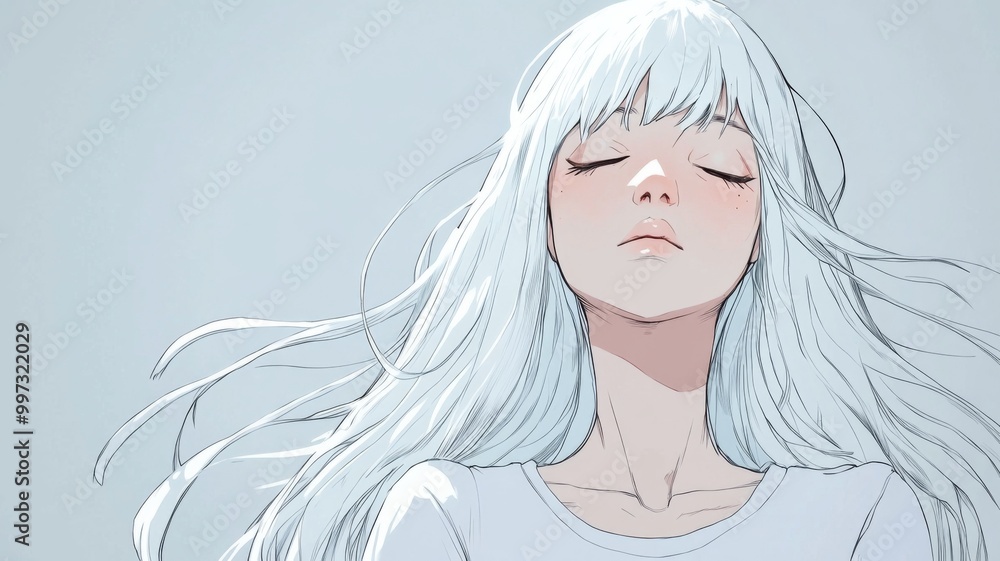 Anime-Style White-Haired Girl with Closed Eyes and Long Silver-White Hair in a Minimalist Composition with Copy Space Anime-Style White-Haired Girl with Closed Eyes and Long Silver-White Hair in a Minimalist Composition with Copy Space