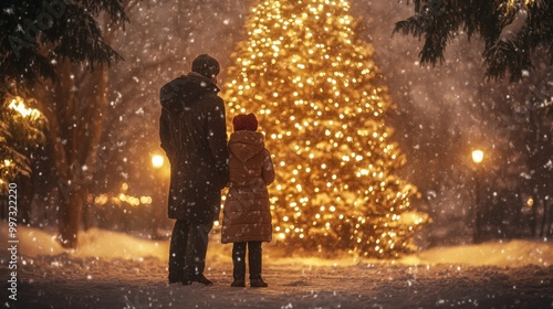 Father and daughter standing in front of a Christmas tree in the snow