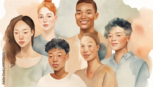 Illustration of a diverse group of people. Watercolor painting featuring young people with a creative and inclusive design, set against a white background.