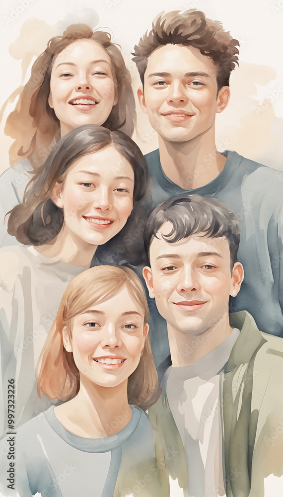 Illustration of a diverse group of people. Watercolor painting featuring young people with a creative and inclusive design, set against a white background. Illustration of a diverse group of people. Watercolor painting featuring young people with a creative and inclusive design, set against a white background.