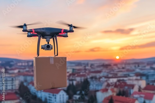 Wallpaper Mural Drone flying over an urban cityscape at sunset with a package highlighting innovations in last mile drone deliveries and automated logistics in urban environments Torontodigital.ca
