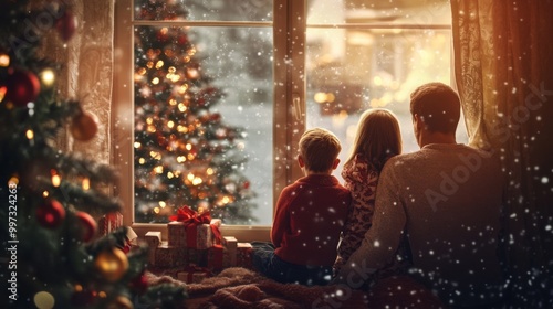 Family Gazing Out Window at Snowy Christmas Eve Scene