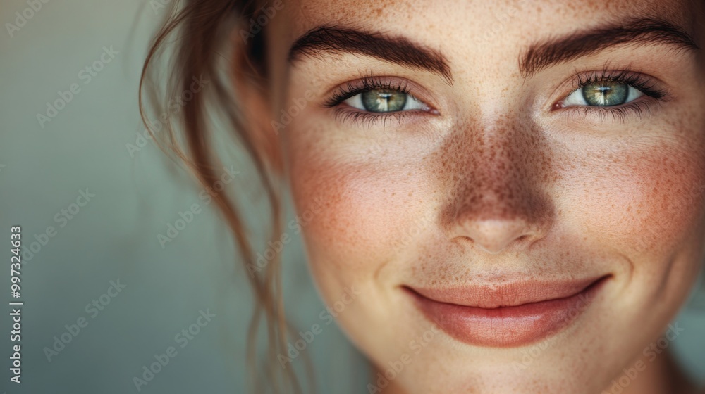 Close-up Portrait of a Woman with Freckles and Green Eyes Close-up Portrait of a Woman with Freckles and Green Eyes