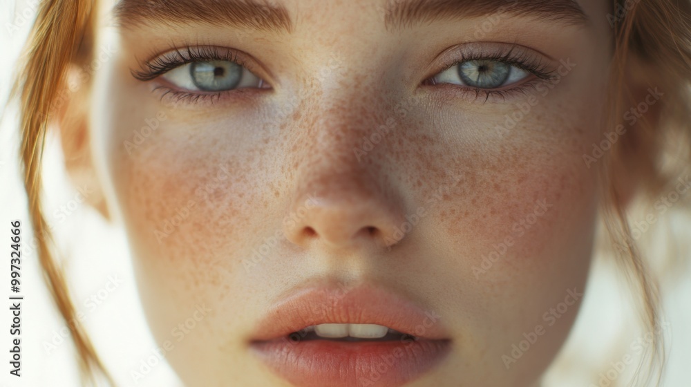 Fototapeta premium Close-up Portrait of a Young Woman with Freckles and Blue Eyes