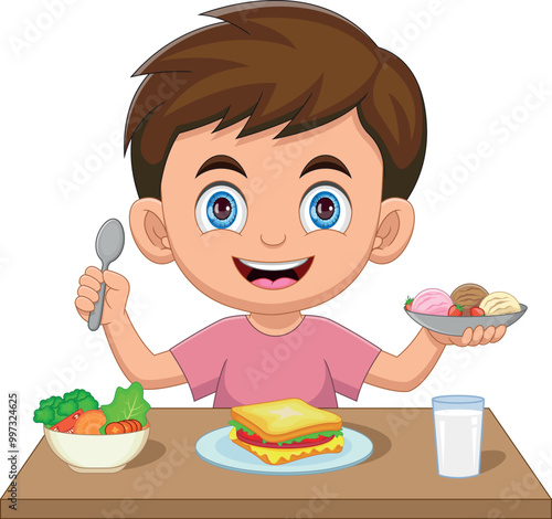 little boy eat ice cream at lunch
