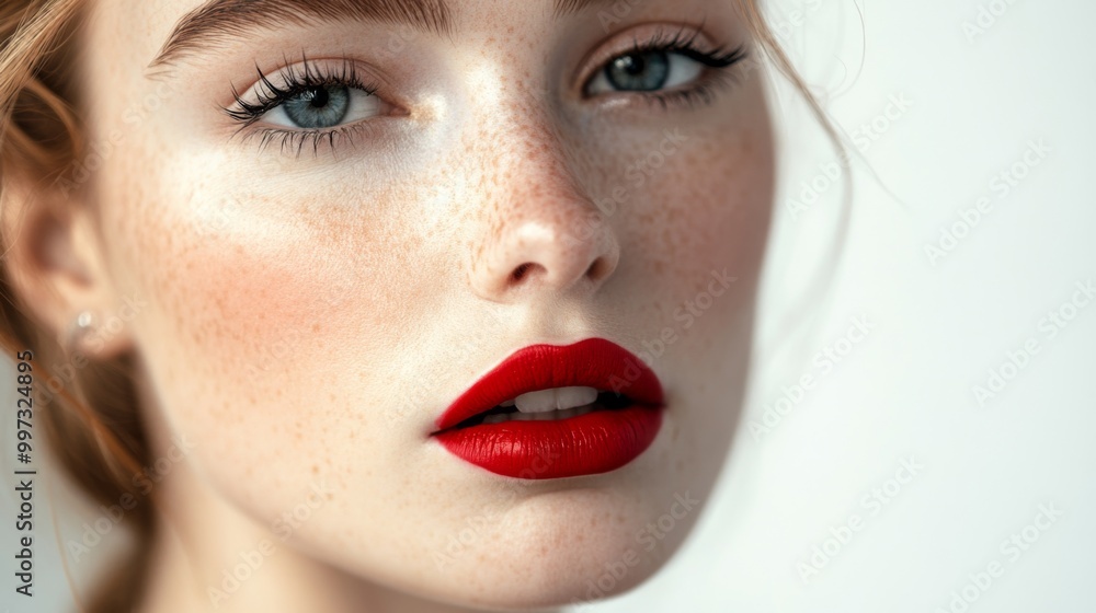 Close-up portrait of a woman with red lipstick and freckles Close-up portrait of a woman with red lipstick and freckles