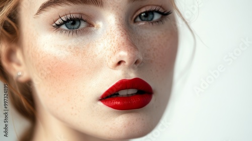 Close-up portrait of a woman with red lipstick and freckles