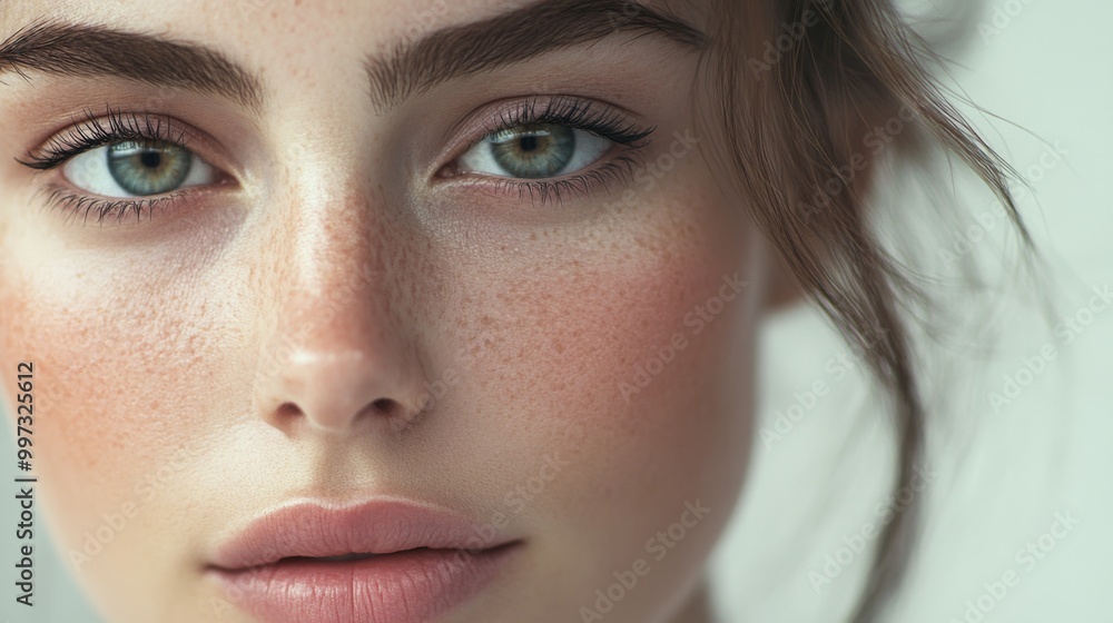 Close-up Portrait of a Woman with Freckles and Green Eyes Close-up Portrait of a Woman with Freckles and Green Eyes