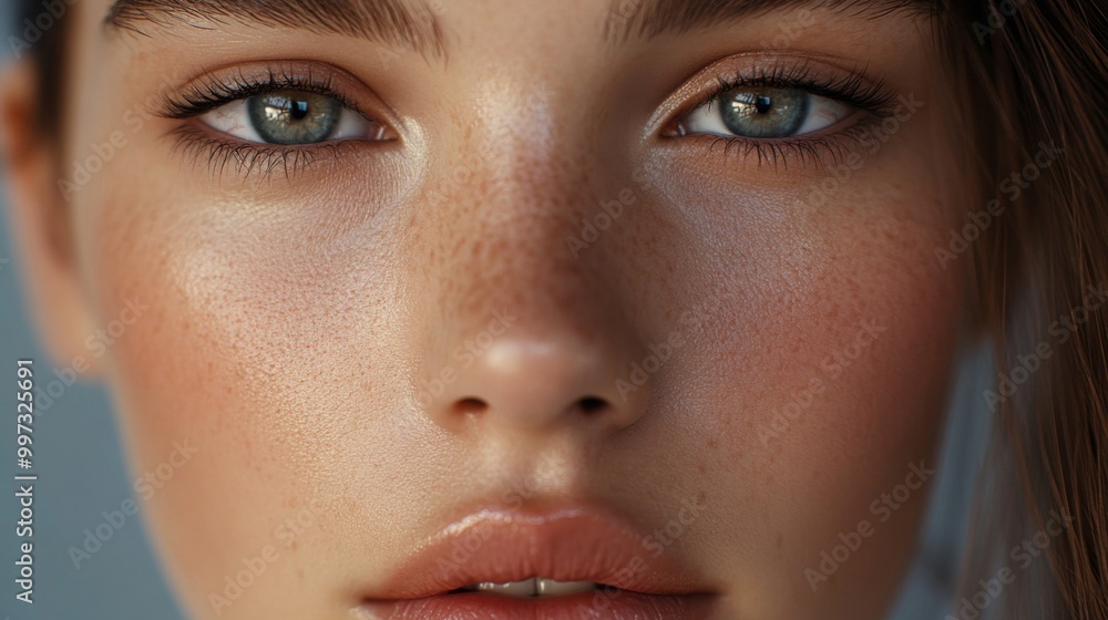 Close-up portrait of a woman with freckles and blue eyes Close-up portrait of a woman with freckles and blue eyes
