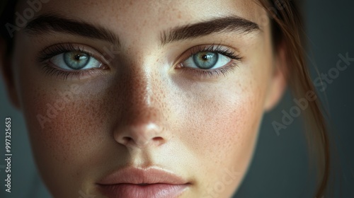 Close-up Portrait of a Woman with Freckles and Blue Eyes photo