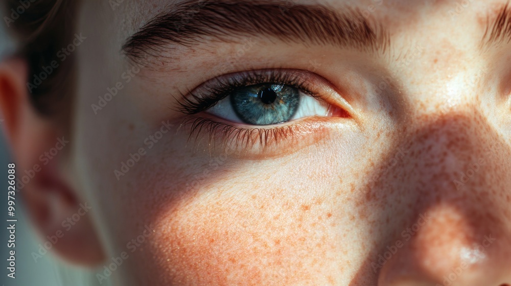 Fototapeta premium Close-up of a Blue Eye with Freckles and Eyelashes