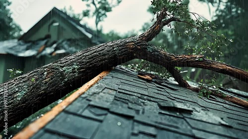 Fallen tree on a damaged house roof after a severe storm, illustrating natural disaster, destruction, and property damage.

