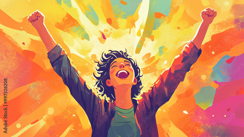 An illustration of a person enjoying a moment of victory with their arms lifted in triumph.