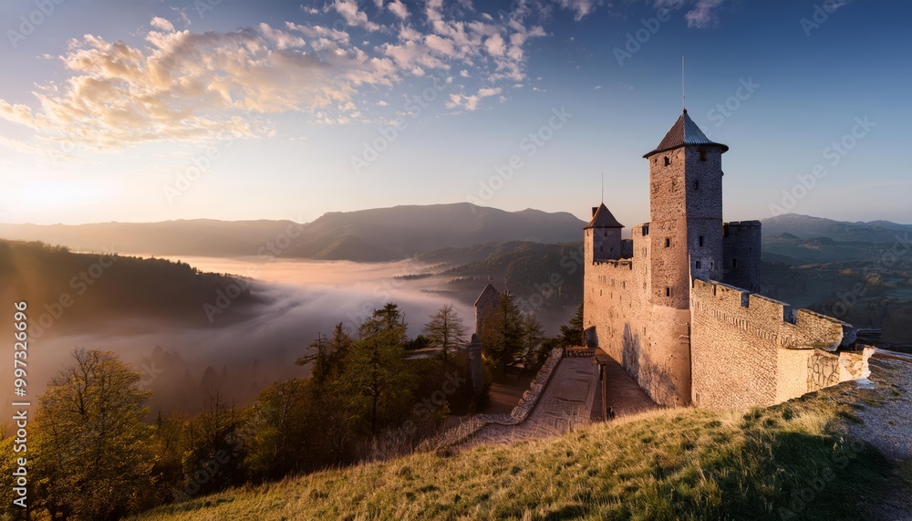 Historical Fortress Perched on Hilltop Overlooking a Picturesque Valley in Misty Morning Historical Fortress Perched on Hilltop Overlooking a Picturesque Valley in Misty Morning