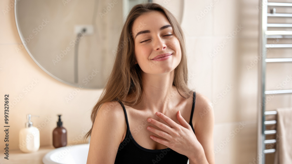 A woman is smiling and hugging herself. She is in a bathroom with a sink and a mirror A woman is smiling and hugging herself. She is in a bathroom with a sink and a mirror