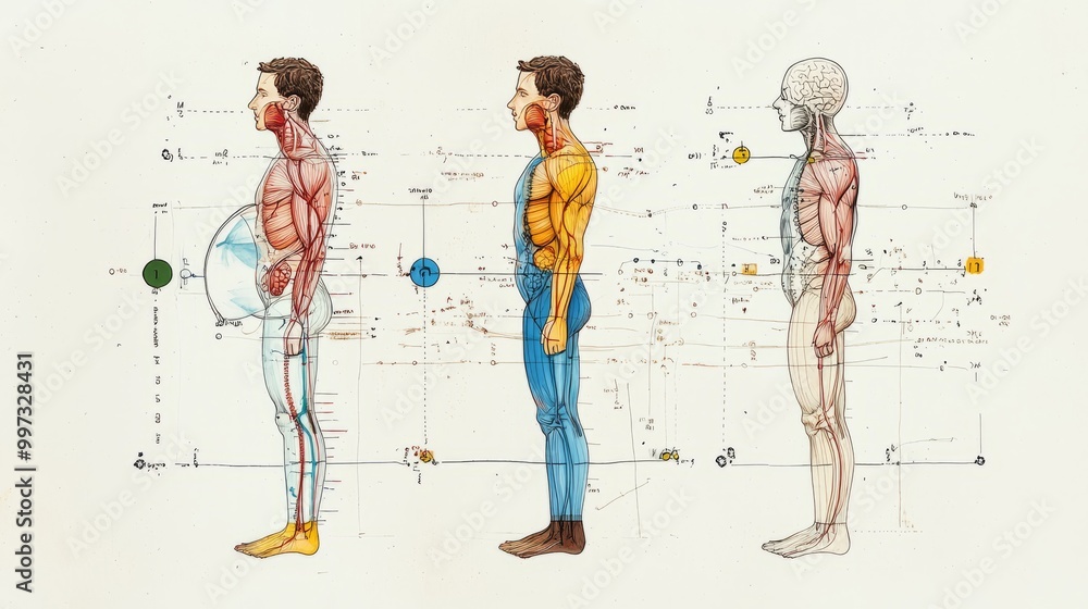 Three male figures in different stages of body composition, illustrated ...