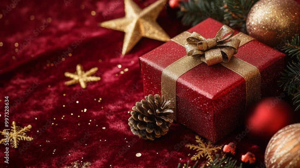 Red Gift Box with Golden Bow and Christmas Decorations on Velvet Red Gift Box with Golden Bow and Christmas Decorations on Velvet