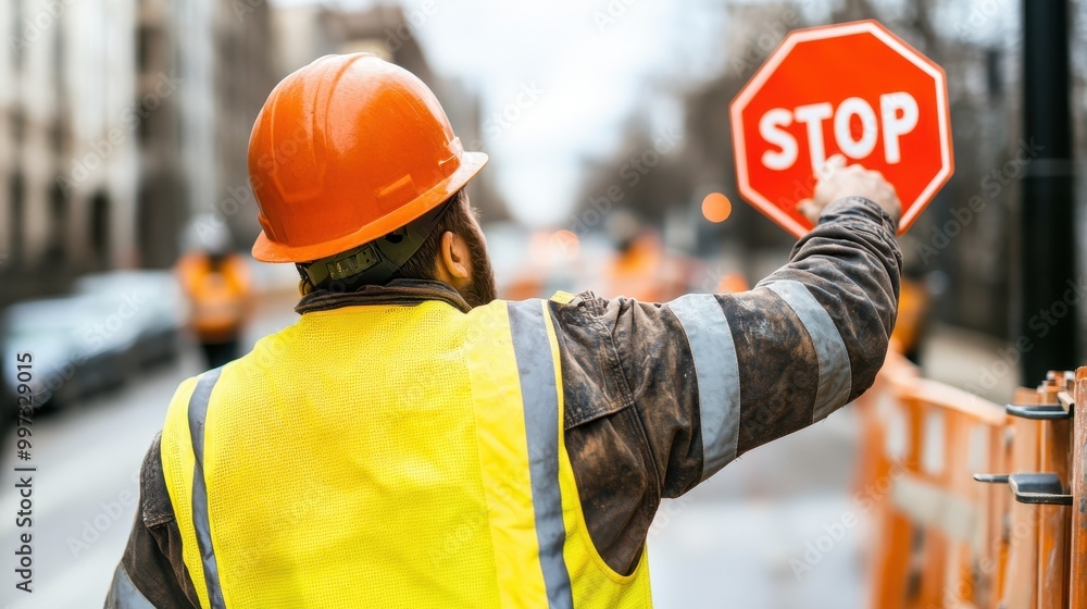 A construction worker in a hard hat and reflective vest holding a stop sign on a city street to manage traffic while construction work is ongoing, ensuring safety. A construction worker in a hard hat and reflective vest holding a stop sign on a city street to manage traffic while construction work is ongoing, ensuring safety.