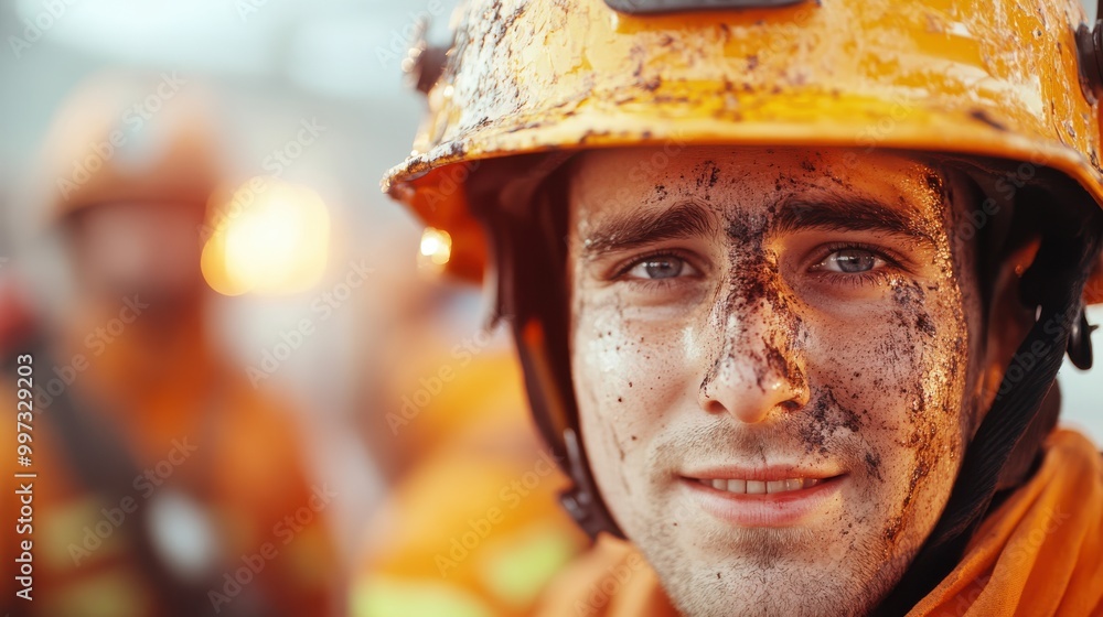 A firefighter in an orange uniform with helmet stands with a dirty face, suggesting hard work and dedication at a fire site with blurred flames in background. A firefighter in an orange uniform with helmet stands with a dirty face, suggesting hard work and dedication at a fire site with blurred flames in background.