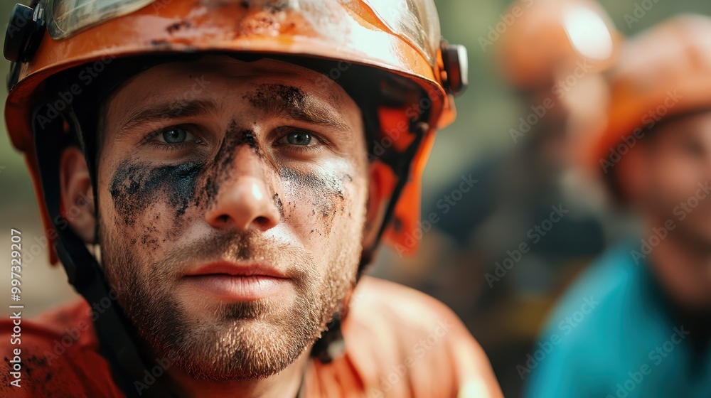 A determined firefighter in protective gear and helmet stands with a dirt-smeared face, representing bravery, resilience, and dedication in challenging environments. A determined firefighter in protective gear and helmet stands with a dirt-smeared face, representing bravery, resilience, and dedication in challenging environments.
