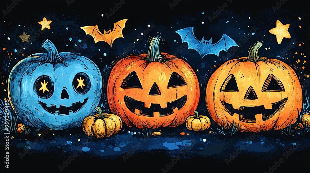 Three Jack-o'-Lanterns with Bats and Stars on a Night Sky Background Three Jack-o'-Lanterns with Bats and Stars on a Night Sky Background