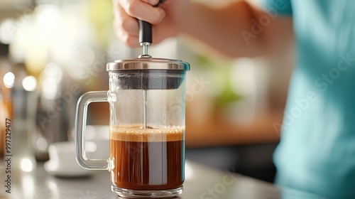 A person manually operating a French press to prepare fresh coffee in a modern kitchen setting, showcasing the importance of freshness and manual brewing techniques. photo