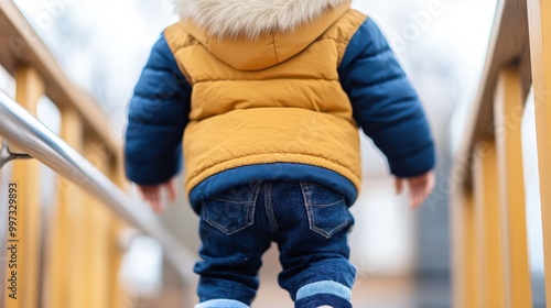 A toddler dressed in a warm, colorful jacket with a hoodie, climbs a set of stairs outdoors, highlighting themes of growth, movement, and childhood adventure.