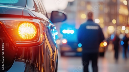 A police officer is seen standing near a black car with flashing blue lights in an urban setting, showcasing law enforcement presence and vigilance during an evening patrol. photo