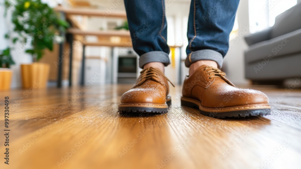 A close-up image of a man's feet in casual brown shoes as he steps on a polished wooden floor, representing a moment of movement and everyday life in a cozy setting. A close-up image of a man's feet in casual brown shoes as he steps on a polished wooden floor, representing a moment of movement and everyday life in a cozy setting.