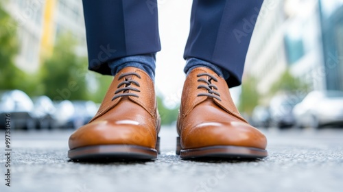 A pair of well-polished brown dress shoes on a paved city street, framed by a backdrop of blurred urban buildings and parked cars on a clear day.