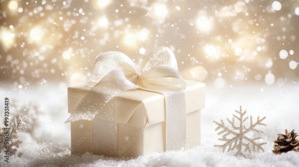 White Gift Box with Silver Bow in Snowy Winter Setting White Gift Box with Silver Bow in Snowy Winter Setting