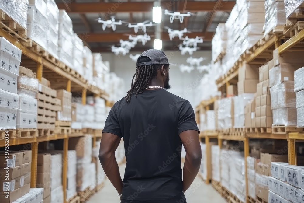 Worker with long hair standing in a warehouse aisle with drones overhead symbolizing the integration of smart logistics drone assisted delivery and automated inventory management Worker with long hair standing in a warehouse aisle with drones overhead symbolizing the integration of smart logistics drone assisted delivery and automated inventory management