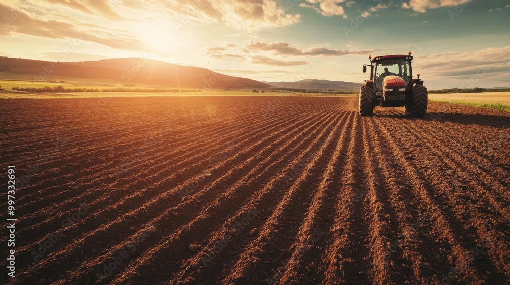 Fototapeta premium A Tractor Cultivates Soil in a Vibrant Field as Golden Sunlight Bathes the Landscape at Dusk. Generative AI