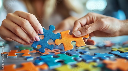 Two hands connecting puzzle pieces, symbolizing collaboration and problem-solving.