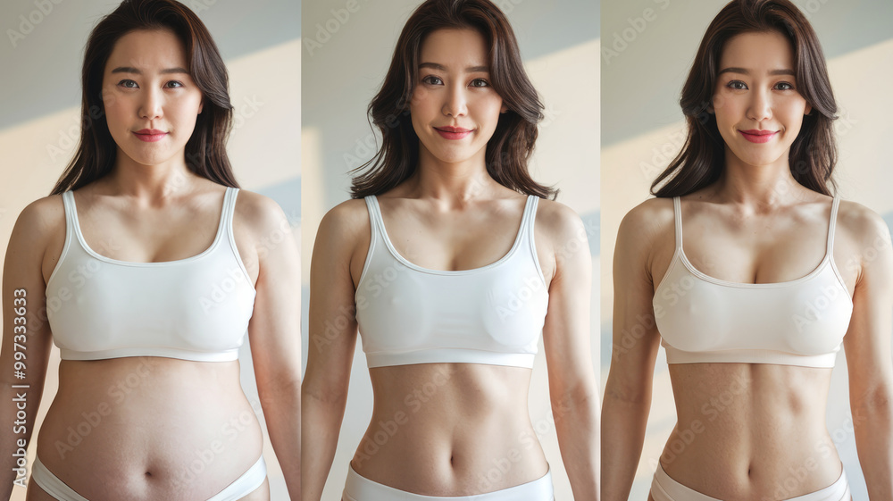 A woman in a white bra and panties is shown in three different stages of weight loss. The first image shows a woman with a larger stomach, the second image shows a woman with a smaller stomach A woman in a white bra and panties is shown in three different stages of weight loss. The first image shows a woman with a larger stomach, the second image shows a woman with a smaller stomach
