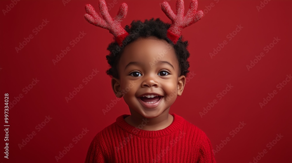 A cute little Black boy wearing reindeer horns costume and a red sweater, with an excited expression for Christmas A cute little Black boy wearing reindeer horns costume and a red sweater, with an excited expression for Christmas